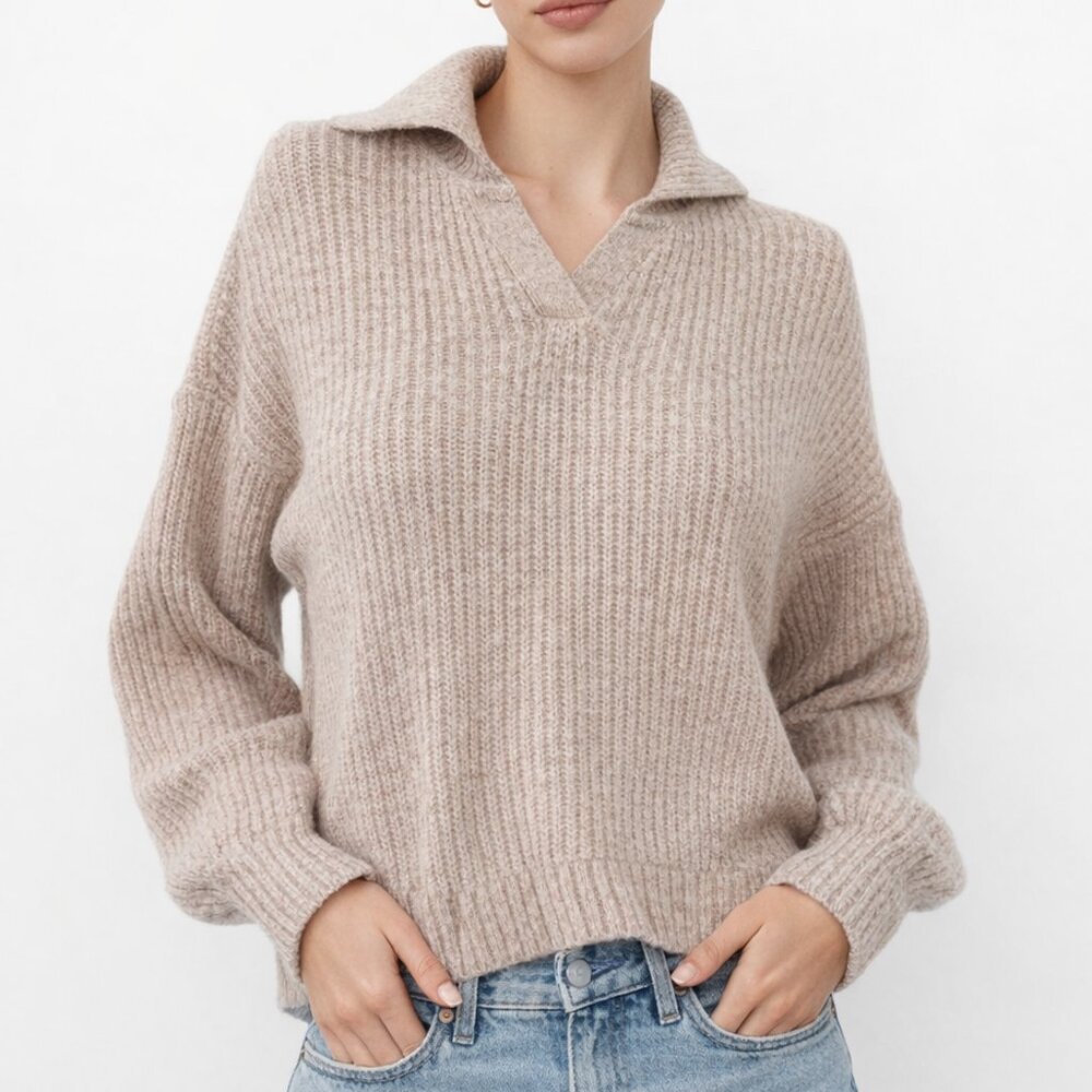 Old Navy Womens Beige Ribbed Collared Sweater Pullover Size M Soft Knit Neutral